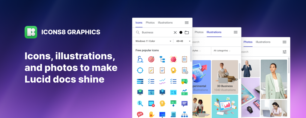 Icons8 Graphics - Lucid integration - Enhance your Lucid documents with eye-catching icons, illustrations, and photos