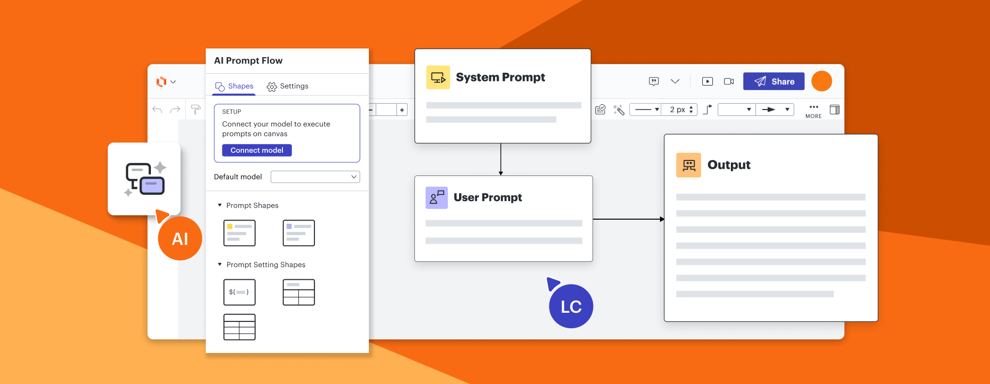 AI Prompt Flow - Lucid integration - Leverage the intelligence of LLMs to build and experiment with AI prompts without leaving the Lucid canvas.